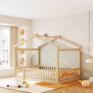 CAVINAS Twin Size Bed Frame, Wood Bed House Bed Frame with Fence, House-Shaped Floor Bed for Kids, Teens, Girls, Boys, Floor Platform Bed - 1 of 4