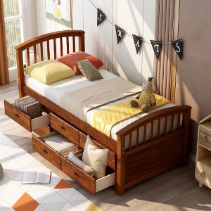 CAVINAS Twin Storage Bed Frame with 6 Drawers, Solid Pinewood Platform Bed, Bed with Headboards, Safe for Kids, No Box Spring Needed - 1 of 4