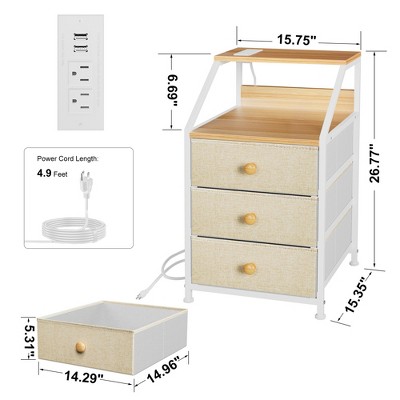 Taupe 3-Drawer Nightstand with Charging Station and Wood Top