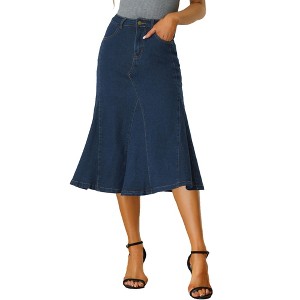 Allegra K Women's Casual Denim High Waisted A-Line Flared Midi Skirts - 1 of 4