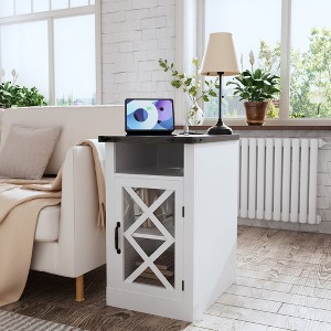 HDZNVF 15.4 inch Rustic Nightstand with Barn Door and Adjustable Shelf, White - 1 of 4