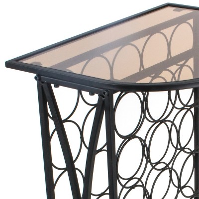 Black Metal Wine Rack Stand with Glass Tabletop for 30 Bottles