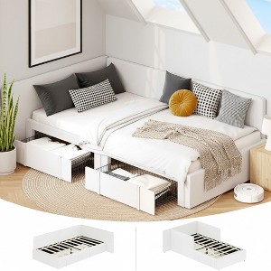 Corner Bed Frame Twin Size Daybed with Velvet Upholstered Guardrail, Modern Kids Sofa Bed for Teen Adults - 1 of 4