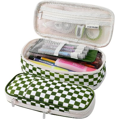 Fmeida Large Pencil Case Pouch With Zipper Checkered Pen Bag for Teen Girls and Boy Black
