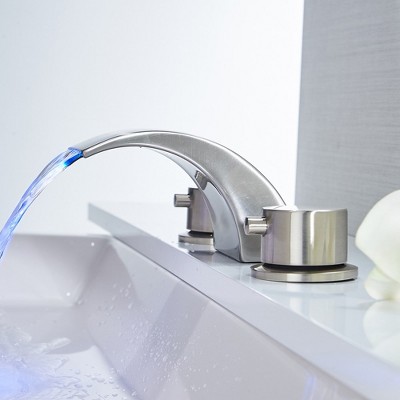 Brushed Nickel 8-Inch Widespread Waterfall Bathroom Faucet with LED Light
