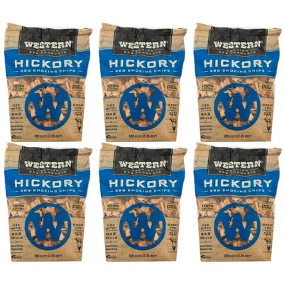 Western Premium BBQ 180 Cubic Inch Hickory Barbecue Flavorful Heat Treated Grilling Smoking Wood Chips for Charcoal Gas and Electric Grills (6 Pack)