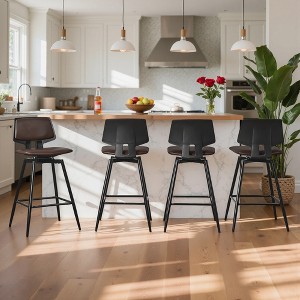 VECELO Counter Height Bar Stools Set of 2, Faux Leather Upholstered Barstools with Back Footrest and Metal Legs, Armless Bar Chairs, Brown/Gold - 1 of 4