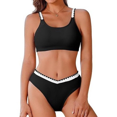 AI'MAGE Women's High Cut Bikini Set 2 Piece Sporty Swimsuit Color Block Bathing Suit with Trim