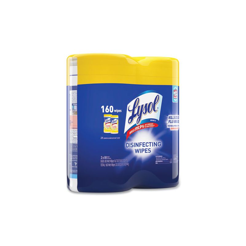 LYSOL Brand Disinfecting Wipes, 1-Ply, 7 x 7.25, Lemon and Lime Blossom, White, 80 Wipes/Canister, 2 Canisters/Pack, 3 of 8