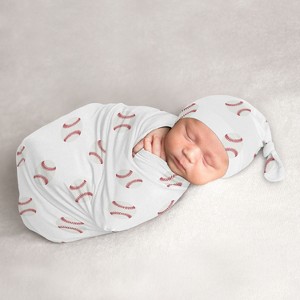 Sweet Jojo Designs Boy Baby Cocoon and Beanie Hat Swaddle Wrap Baseball Patch Red and White 2pc - 1 of 4