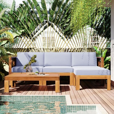 5 Piece Outdoor Corner Patio Sofa Set,L-Shaped Wood Garden Sectional Sofa Set,Patio Conversation Set with Cushions and Coffee Table-Coolbibila
