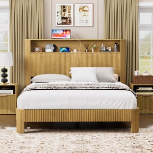 Platform Bed Frame with Storage Headboard,Charging Station,Wavy Wood Grain Design & Sturdy Quiet Metal Support-Baofuwish - 1 of 4