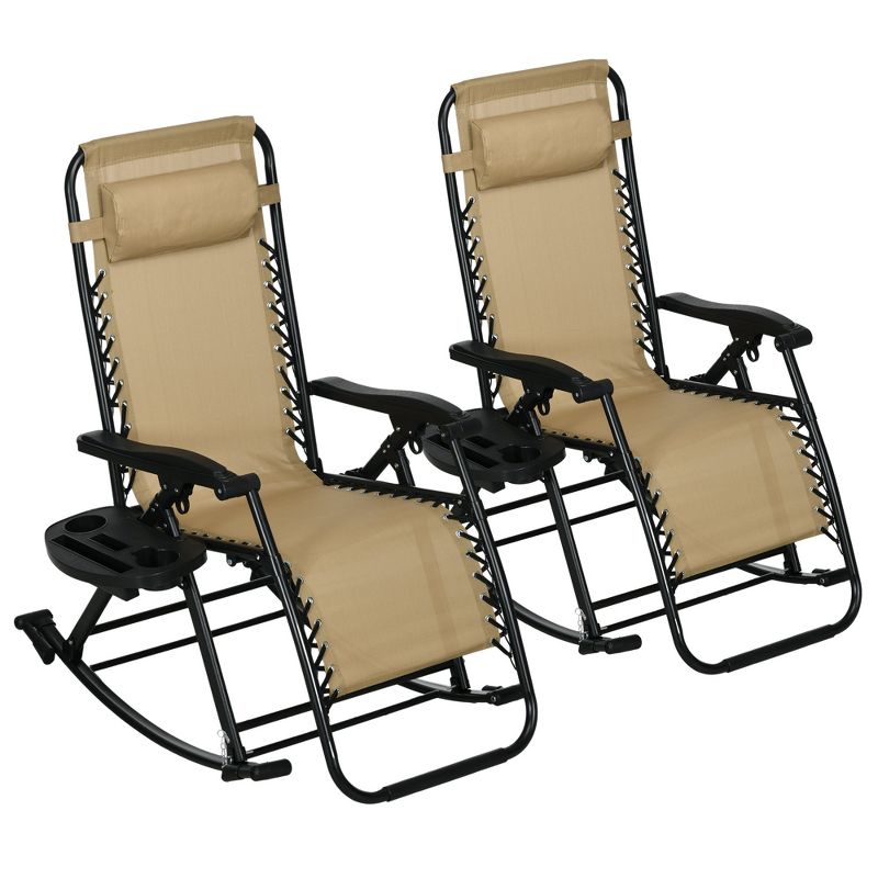 Outsunny 2 Outdoor Rocking Chairs Foldable Reclining Zero Gravity Lounge Rockers w/ Pillow Cup & Phone Holder, Combo Design w/ Folding Legs, Beige, 4 of 7