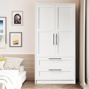Wooden Armoire Wardrobe Closet with 2 Drawers, 70 "Tall Clothing Storage Cabinet with 2 Doors - 1 of 4