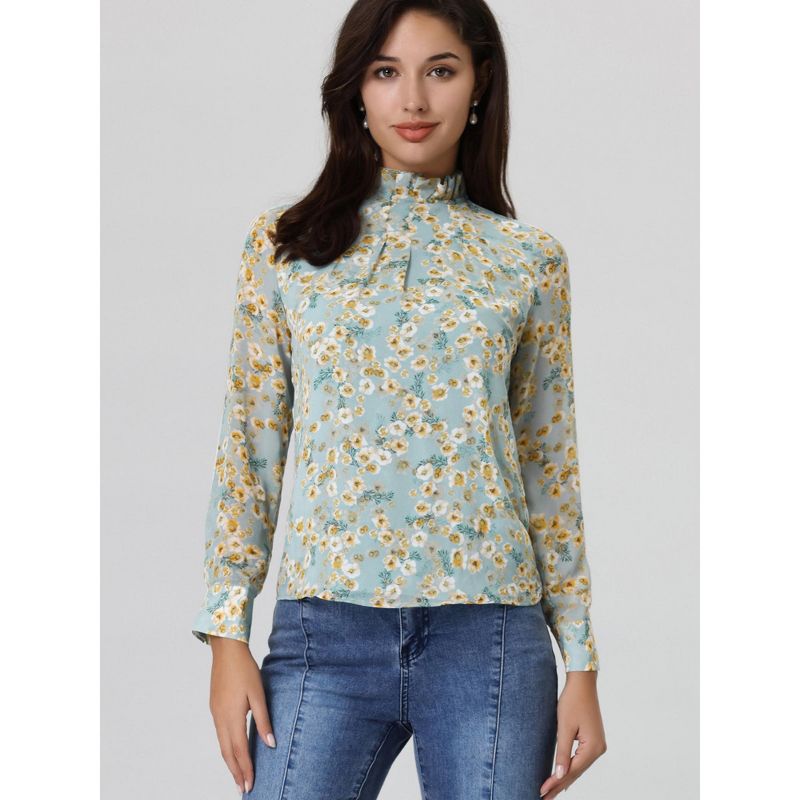 Hobemty Women's Ruffled Collar Pleated Front Long Sleeve Floral Blouse, 3 of 6