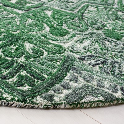 Green and Ivory Round Hand-Tufted Floral Wool Rug