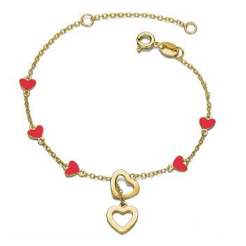 Children's/Teen's 14K Gold Plated Double Halo Dangle Heart Enamel Station Charm Bracelet.