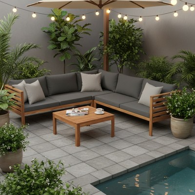 Whisen Acacia Wood Outdoor Sofa Couch Set & Patio Sectional Conversation Sofa with Coffee Table & Water-Resistant Cushions