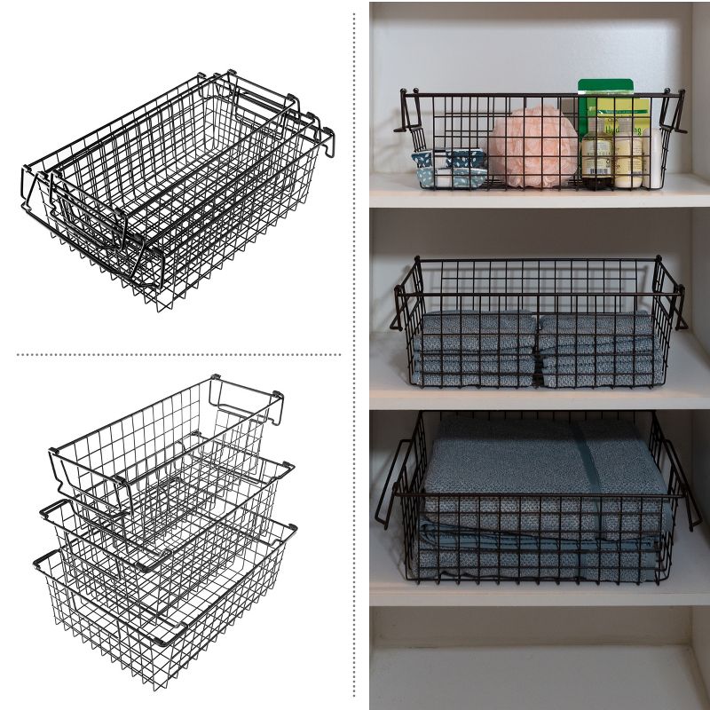 Home-Complete Set of 3 Wire Storage Bins - Shelf Organizers for Toy, Kitchen, Closet, and Bathroom, 3 of 11