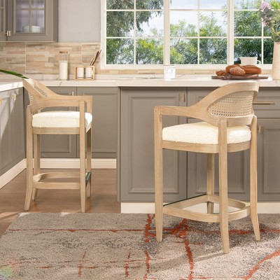 Ivory White Bouclé 26" Cane Back Counter Stool with Oak Frame