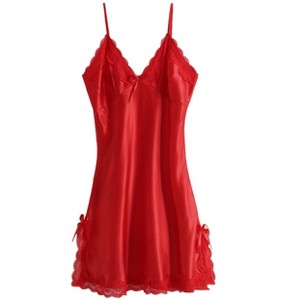 INSPIRE CHIC Women's Satin Lace Trim Sleepwear Nightgown Pajama Slip Dress - 1 of 4