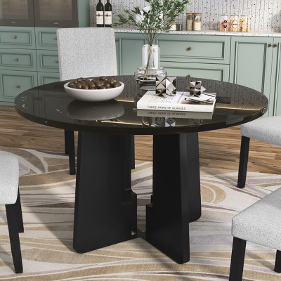 43"Wx43"D Circular Dining Table With H-shape Legs,Round Dining Table With Marble Texture Table Top -Maison Boucle