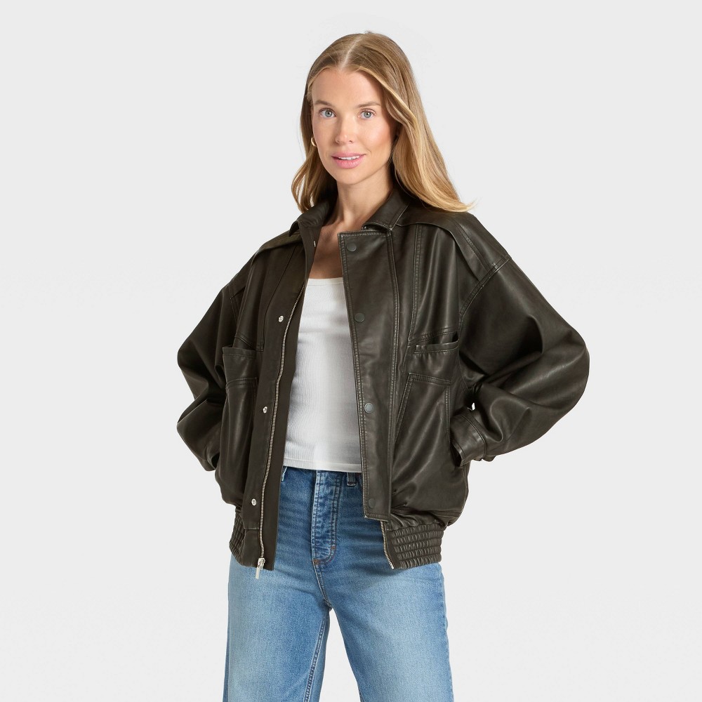 Women's Relaxed Faux Leather Bomber Jacket - Universal Thread™ Black S