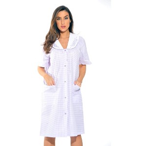 Dreamcrest Womens Short Sleeve Duster, Seersucker Gingham Housecoat/Women Sleepwear Embroidered Snap Front Nightgown - 1 of 3