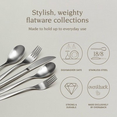 over&back 20pc Curved Flatware Set Brushed Stainless: Modern 18/8 Stainless Steel, Service for 4, Dishwasher-Safe