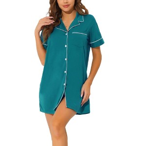 cheibear Women's Notched Collar Button Down Pajama Shirt Dress with Pocket - 1 of 4
