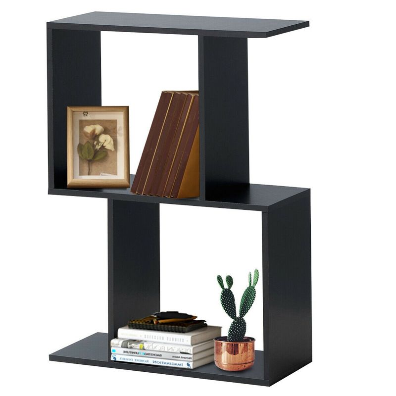 Costway 2-tier S-Shaped Bookcase Free Standing Storage Rack Wooden Display Decor Black, 4 of 11
