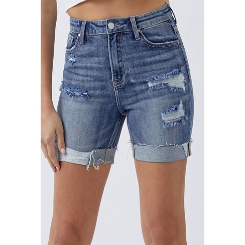 Women s High rise Distressed Cuffed Denim Shorts Risen Target