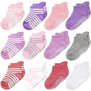 Cozyway Non-Slip Ankle Style Socks with Grippers, 12 Pack for Baby Girls, 1-3 Years - Pink/Purple/White/Gray Stripes & Solid - 1 of 4
