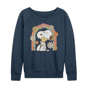 Women's - Peanuts - Retro Flower Rainbow Lightweight French Terry Wide Neck Long Sleeve Shirt - 1 of 4