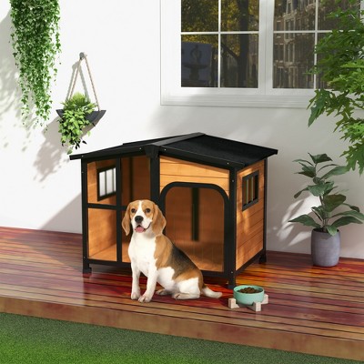 PawHut Cabin-Style Wooden Dog House for Large Dogs, Outdoor & Indoor Pet Shelter with Openable Asphalt Roof and Giant Window, Yellow - Nertpow