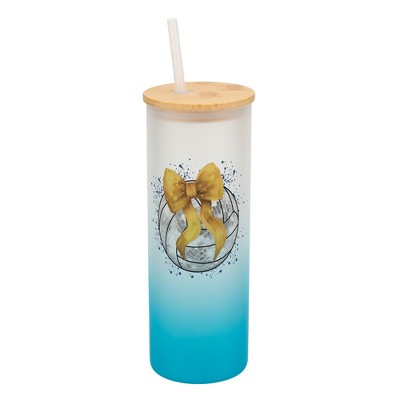 Elanze Designs 25 Ounce Frosted Glass Gradient Travel Tumbler With Straw and Wooden Lid, Volleyball With Gold Bow Sky Blue