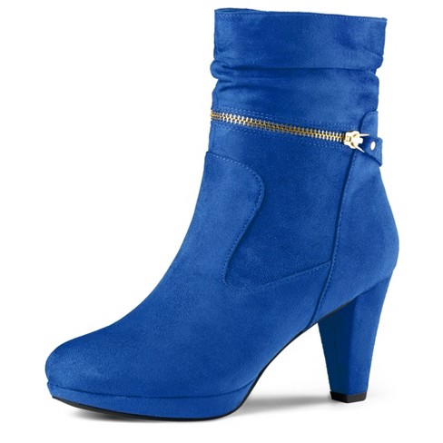 Allegra K Women's Ankle Zip Platform High Heel Mid-Calf Boots, Navy Blue, 36 EU