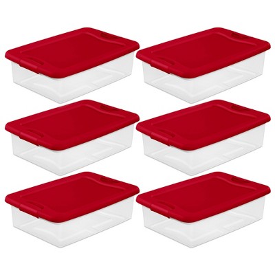 Sterilite 32 Quart Latching Storage Box, Stackable Bin With Latch Lid,  Organize Holiday Decor In Home Closet, Clear With Red Lid, 6-pack : Target