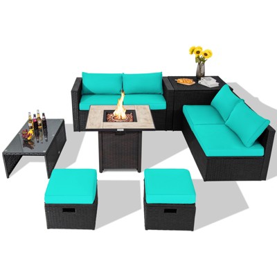 Tangkula 9 Pieces Outdoor PE Rattan Wicker Sectional Sofa with 42" Gas Fire Pit Table Space-Saving Patio Conversation Set with Storage Box Black/Grey/Navy/Red/Turquoise/Off White