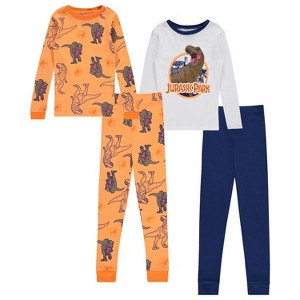 Jurassic Park Boys Pajamas Set - 4 Piece Long Sleeve Dinosaur Pajamas - Tyrannosaurus, Velociraptor Pajamas Set (Navy White Orange, 4) - 1 of 4