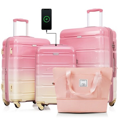 YONWAY 4 Piece Luggage Set, Expandable ABS Hardshell Luggage Spinner Wheel Suitcase, TSA Lock Suit Case, with Travel Bag & Cup Holder (Pink)