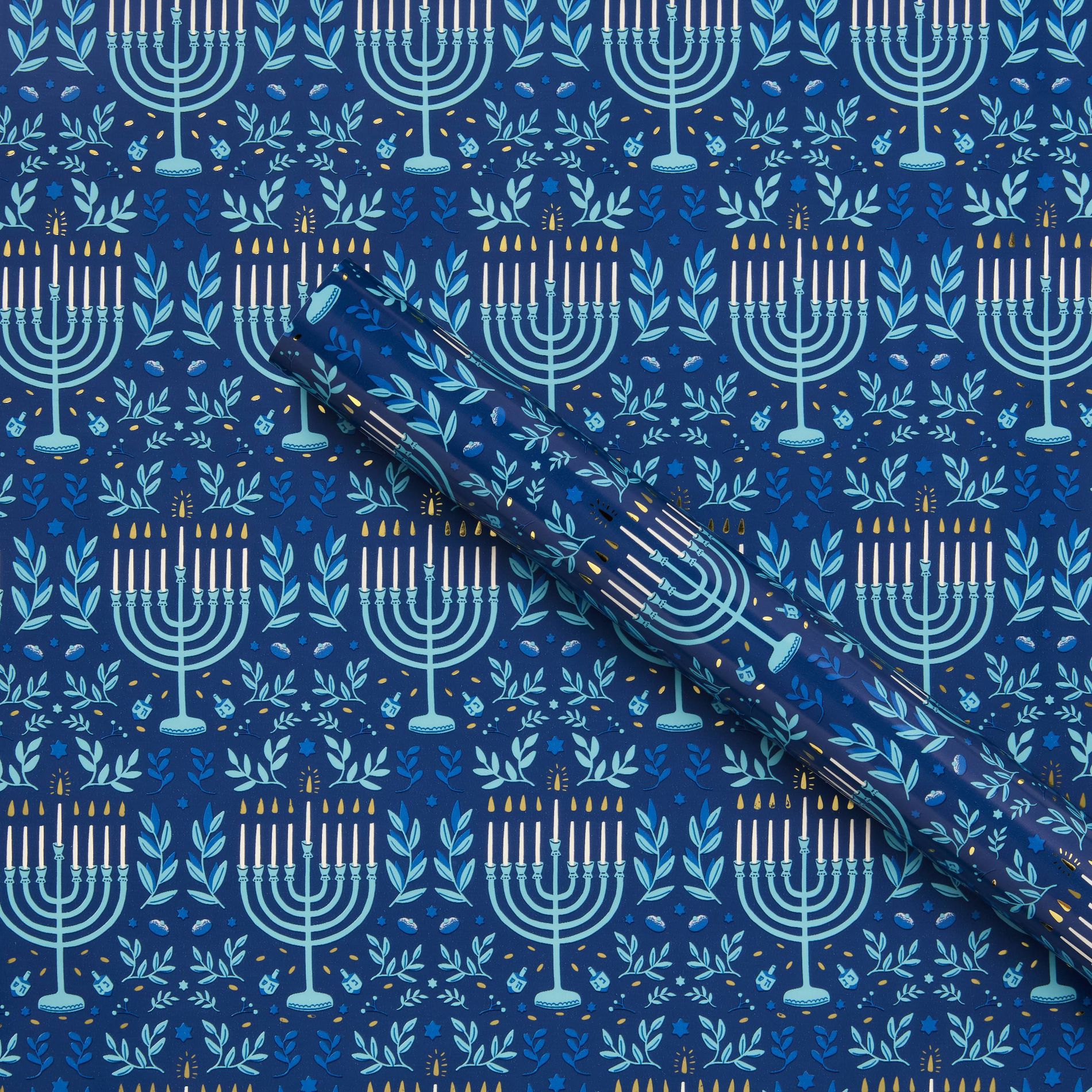 96"x30" Premium Elevated Hanukkah Menorah Gift Wrapping Paper Blue - Spritz™
