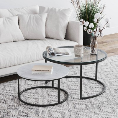 Nathan James Stella Nesting Coffee Tables Faux Carrara Marble Glass