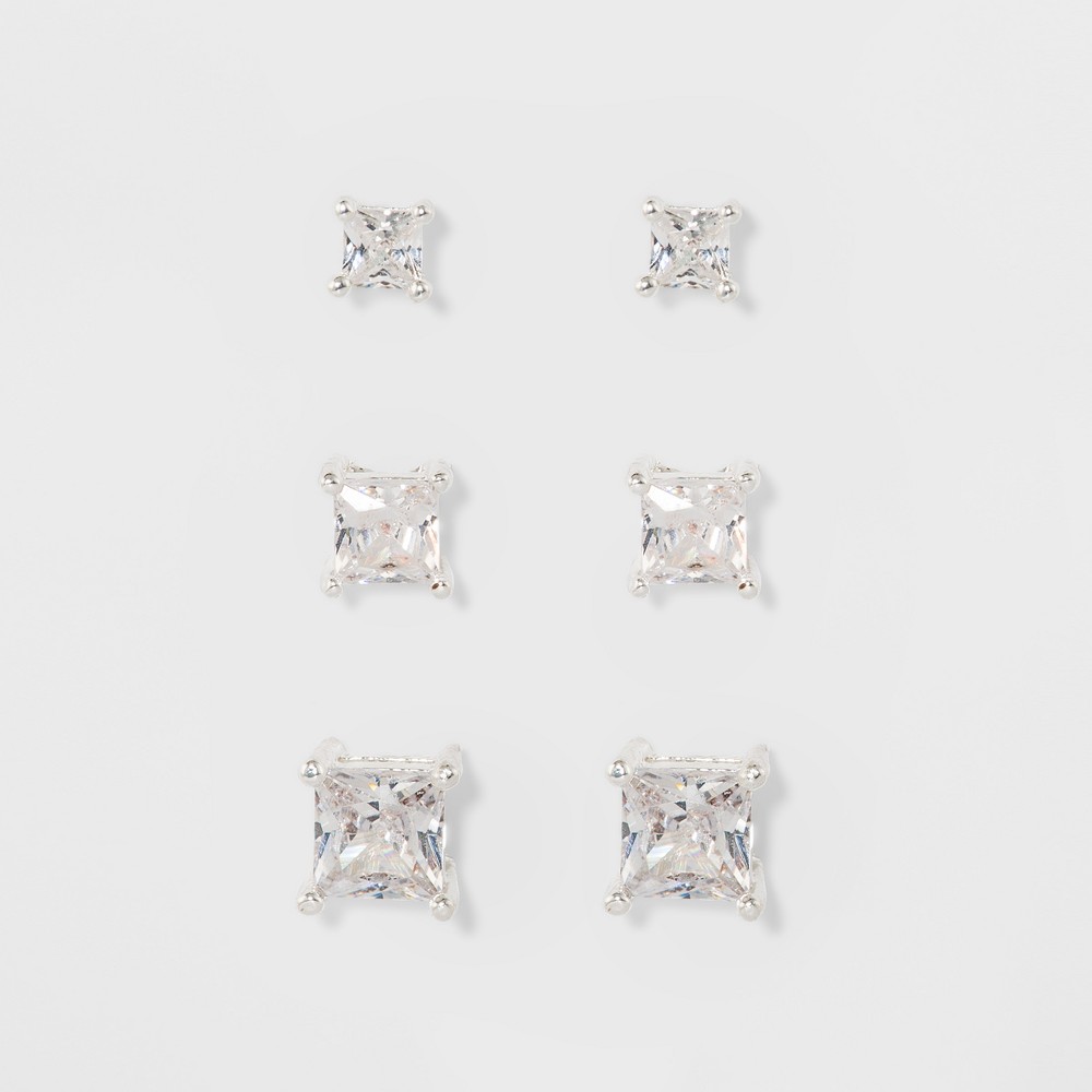 Photos - Earrings Crystal Square Stud Earring Set 3pc - A New Day™ Silver