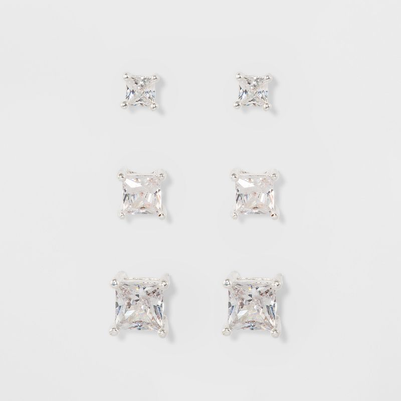 Crystal Square Stud Earring Set 3pc - A New Day&#8482;, 1 of 3