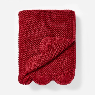 Red Knitted Scalloped Edge Throw Blanket