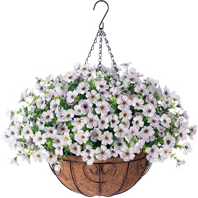Artificial Faux Hanging Plants Flowers Basket for autumn Outdoor Outside Decoration, Fake Silk UV Sun Resistant Look Real Colorful Daisy Eucalyptus