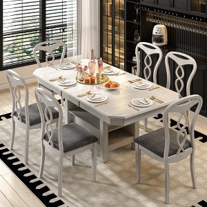 VECELO 5/7 Piece Extendable Dining Table Set, Rubber Wood Table with 4/6 Armless Upholstered Dining Chairs for Kitchen, Gray - 1 of 4
