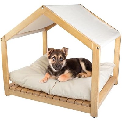 Dog House - 30x24-Inch Indoor Dog House with Soft Cushion and Adjustable Canopy - Wood Pet Furniture for Small to Medium Pets up to 70lbs by PETMAKER