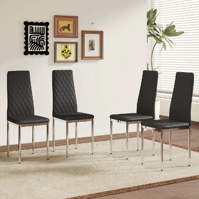 CAVINAS Set of 4 PU Leather Dining Chairs with Diamond Stitch Back and Silver Metal Legs